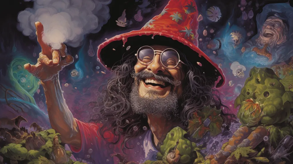 A whimsical wizard with long black hair and a red pointy hat is surrounded by a psychedelic, dreamlike world. He wears round sunglasses and has a wide, joyous smile, as if in a state of blissful enchantment. The background is filled with fantastical creatures, swirling colors, and shapes that blur the line between reality and imagination.