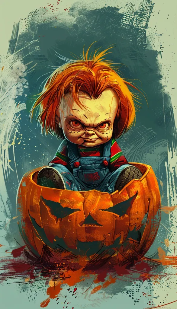 A menacing-looking doll with bright red hair sits inside a carved pumpkin. The doll has a sinister grin and wears overalls. The background is a textured, mottled blue-green, suggesting a Halloween scene. The overall image evokes a sense of eerie whimsy.