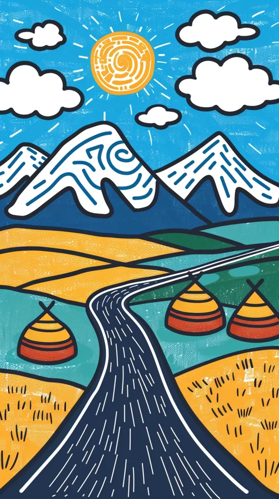 The image depicts a stylized landscape with a winding road leading through a valley. The road is outlined in black and filled with blue lines, while the surrounding land is a vibrant patchwork of yellow, green, and blue. Two orange tents are positioned on the side of the road. A bright yellow sun with a spiral pattern beams down from a sky filled with white clouds.  The entire scene is rendered in a bold, graphic style, giving it a whimsical and playful feel.