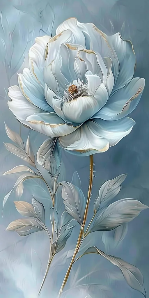 A single, large, white flower with delicate, translucent petals and a golden rim dominates the image.  The flower is set against a soft blue background, and its stem extends from the center,  surrounded by slender, pale green leaves.  The image has a serene and ethereal feel, like a delicate watercolor painting.