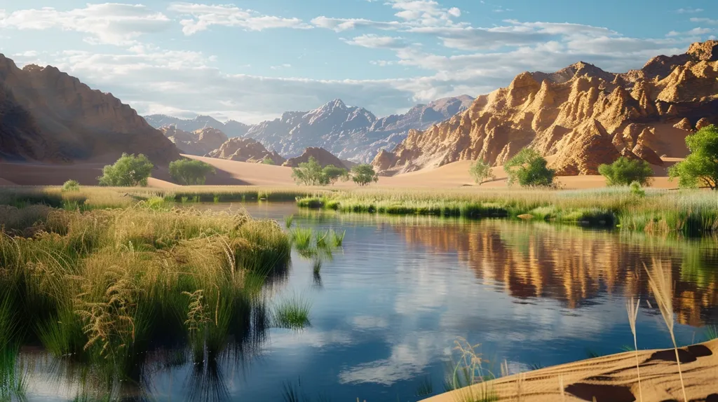 A tranquil desert scene unfolds with a calm blue lake reflecting the sky and clouds. Lush green reeds and a few scattered trees line the water's edge, contrasting with the towering, ochre-colored rock formations in the distance. A sense of serenity and peace permeates the landscape.