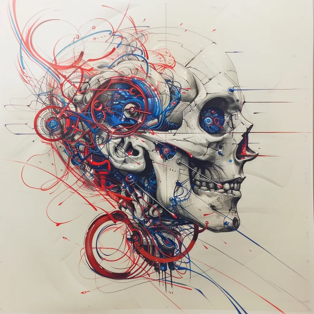 The image is a detailed drawing of a skull with intricate mechanical elements. The skull is depicted in profile, with a large, open eye socket and a slightly open mouth showing teeth.  The mechanical elements appear to be connected to the skull's interior, creating a sense of complex circuitry and engineering.  Red and blue lines and circles swirl around the skull, adding to the abstract and dynamic feel of the image.  The style is reminiscent of bio-mechanical artwork.  The image is likely a representation of the intersection of biology and technology.