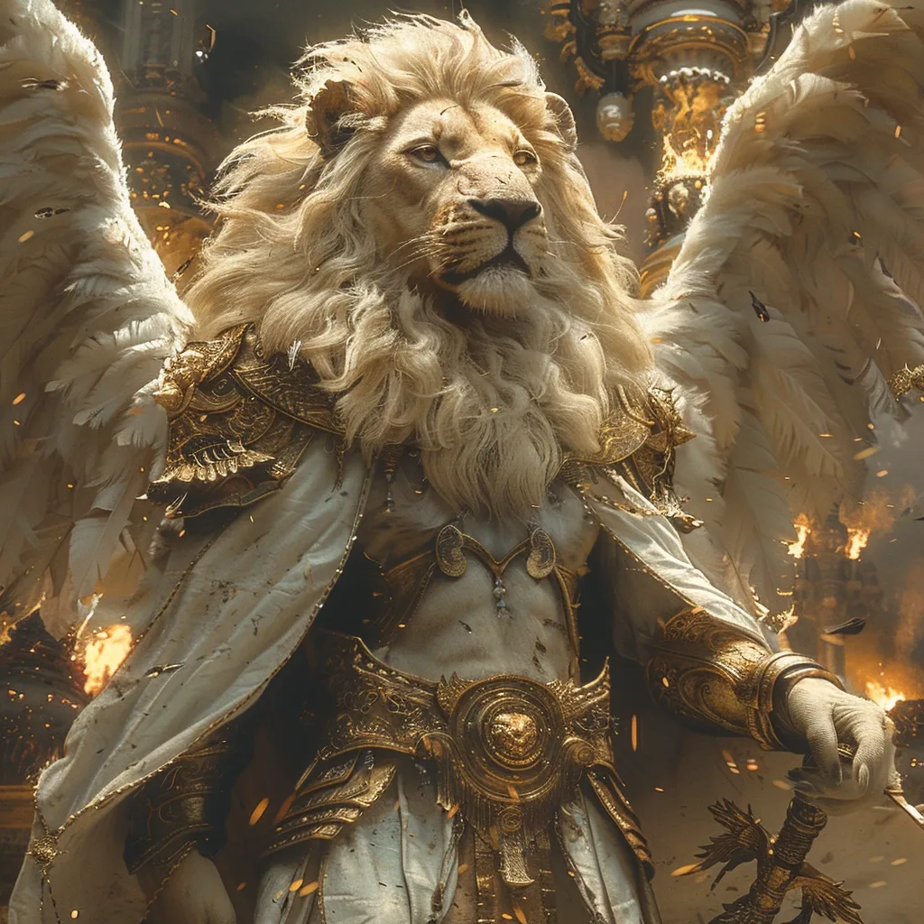 The image depicts a majestic lion with a flowing white mane and feathered wings, standing in a dramatic pose. It wears golden armor, adorned with intricate designs. The lion's piercing gaze suggests power and authority. The backdrop features a glowing golden structure and a fiery haze, adding to the mythical and epic nature of the scene.