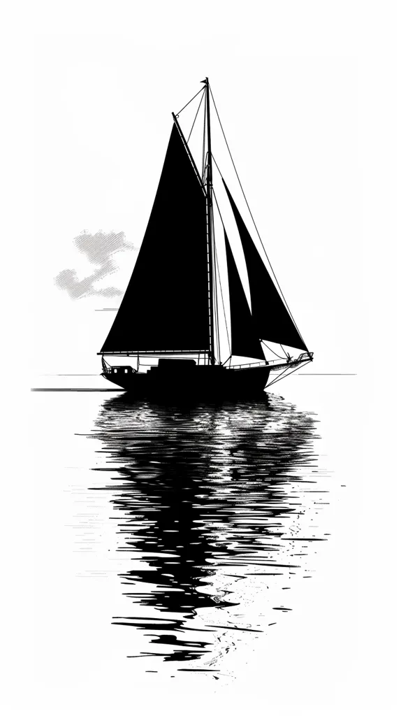 The image depicts a sailboat with its sails fully unfurled, sailing across a body of water. The sailboat is in silhouette, casting a dark reflection on the water. The water is depicted as a series of parallel lines, creating a sense of movement and depth. The sky above the boat is white, with a faint suggestion of clouds in the distance. The overall image conveys a sense of peaceful and serene sailing.