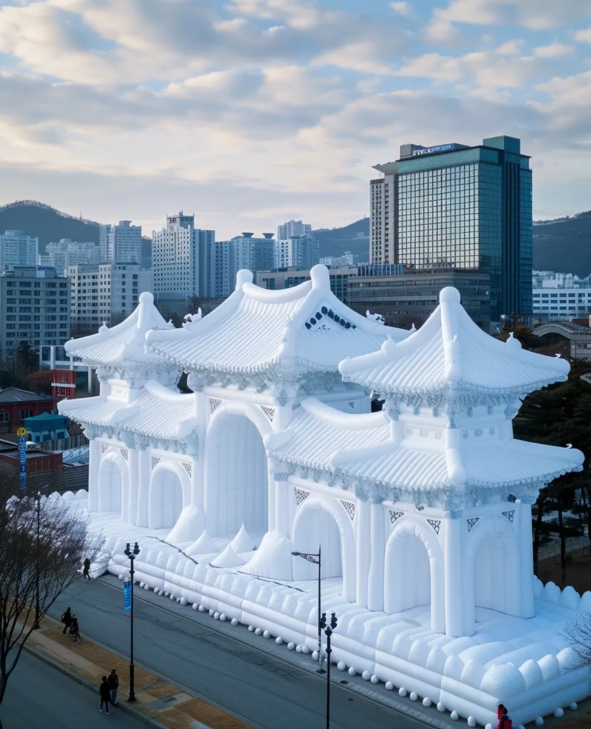 A large, white, inflatable structure resembling a traditional Korean gate stands in front of a city skyline. The structure has multiple archways and intricate details, making it appear like a snow sculpture. The city buildings in the background are tall and modern, creating a contrast with the inflatable gate.  The sky is clear and blue, with some clouds visible.