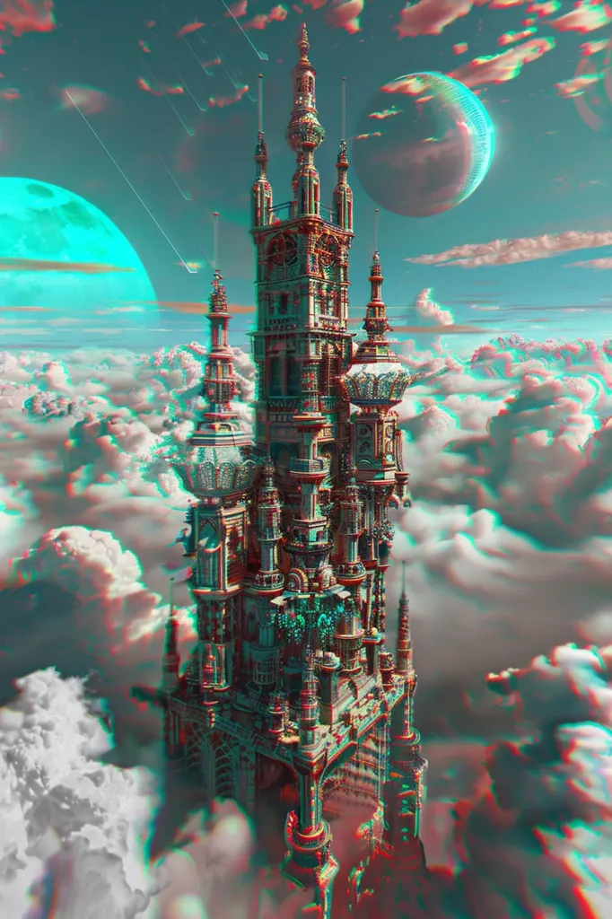 A towering, ornate castle pierces the clouds, its intricate details highlighted in a 3D effect. The sky above is a vibrant turquoise, dotted with fluffy white clouds and two large, crescent-shaped moons. The castle's silhouette against the vast sky creates a sense of isolation and grandeur, hinting at a magical world above the mundane.