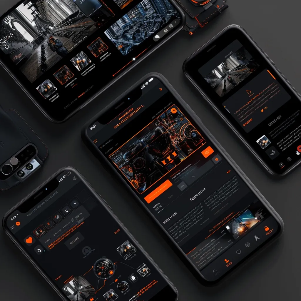 Five mobile phone screens lay on a black surface. The screens are dark with orange accents and show images of a train engine, cityscape, and a man on a bridge. The interface displays text in an unknown language. Some of the phones appear to be running a game app. The screens show images of gameplay, menus, and scores.