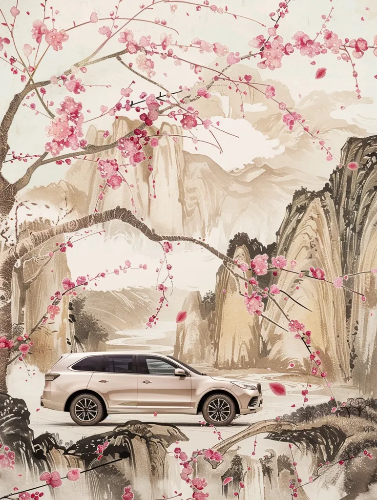 A beige SUV drives on a road through a painted landscape. The background features delicate, pink cherry blossoms, with soft, watercolor-like mountains and hills. The scene is reminiscent of a traditional Chinese painting, evoking a sense of serenity and beauty.  The light beige color of the car blends seamlessly into the soft tones of the background.  The focus of the image is the contrast between the modern vehicle and the classic art style.
