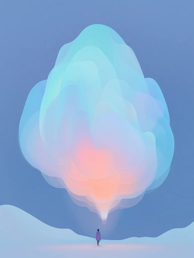 A solitary figure stands in a snowy landscape, gazing up at a large, ethereal cloud formation. The cloud is a mesmerizing blend of light blue and pink hues, casting a soft glow on the scene. The sky above is a pale blue, dotted with faint stars. The image evokes a sense of wonder and tranquility.