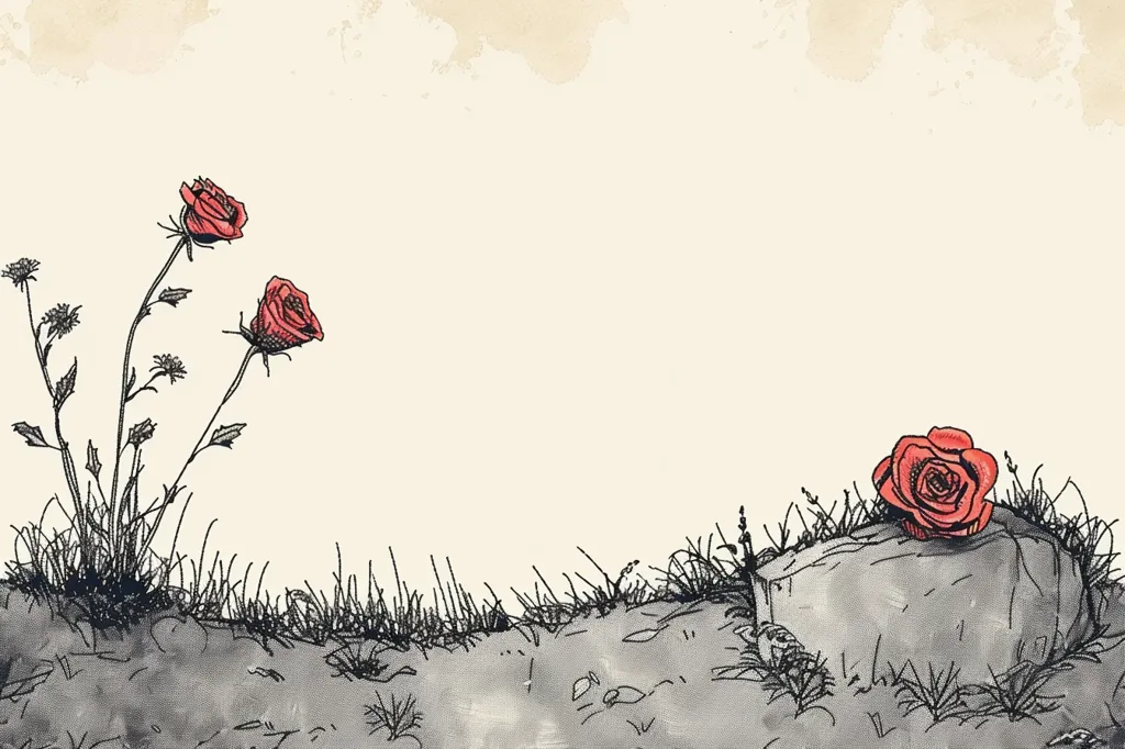 A simple black and white illustration of a landscape with three red roses. Two of the roses are on thin stems rising from the ground, while the third is on a large grey rock in the right foreground. The background is a faded light beige.