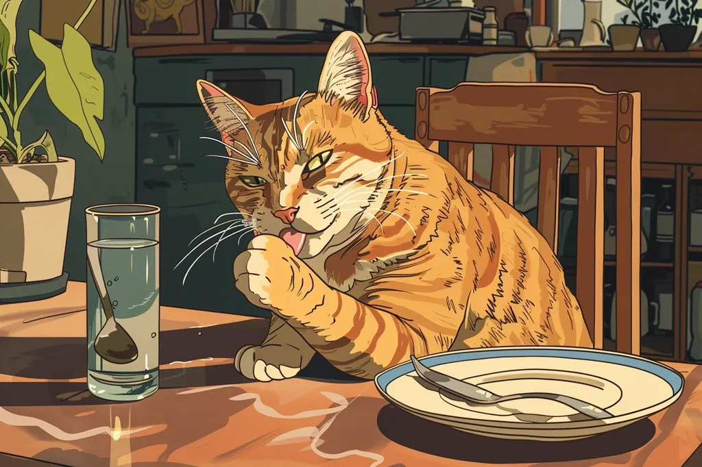 A ginger tabby cat sits at a wooden table, licking its paw. It's in a kitchen setting with a glass of water and an empty plate. The cat is looking at the viewer, and the image is drawn in a cartoon style. The scene is warm and inviting, with soft lighting and a sense of tranquility.