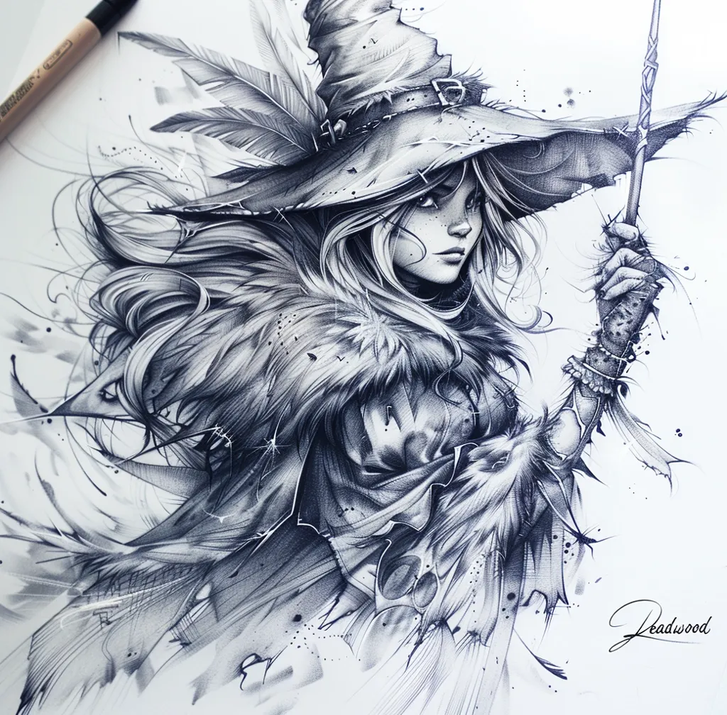 A detailed pencil drawing of a witch in a large hat with feathers, a fur-lined cloak and a staff in her gloved hand.  The drawing is done in shades of gray and white on a white background.  The artist's signature, "Dreadwood", is in the lower right corner.  The artwork appears to be done in a realistic style.