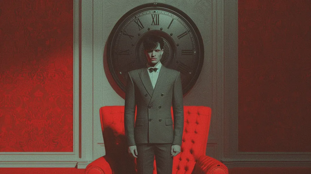 A man in a dark suit stands in front of a large clock, his face expressionless. He is standing in a room with red walls and a red armchair. The clock is behind him, its face obscured, and the time is not visible. The man's serious expression and the imposing clock create a sense of mystery and intrigue.