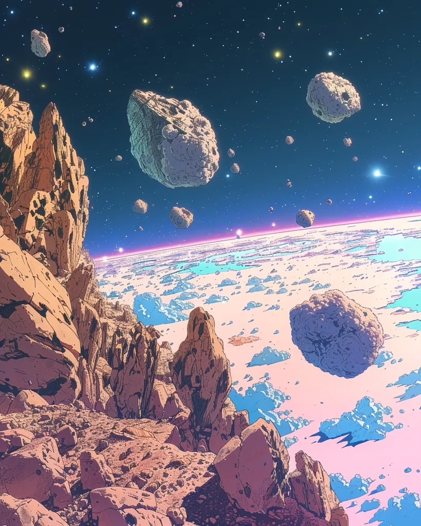 The image is a digital painting depicting a rocky, alien landscape. In the foreground, towering rock formations rise from a dusty, red-brown ground. In the distance, a pale pink horizon encircles a distant planet with swirling blue and white clouds.  The scene is filled with numerous large, gray asteroids floating against a dark blue sky dotted with twinkling stars.