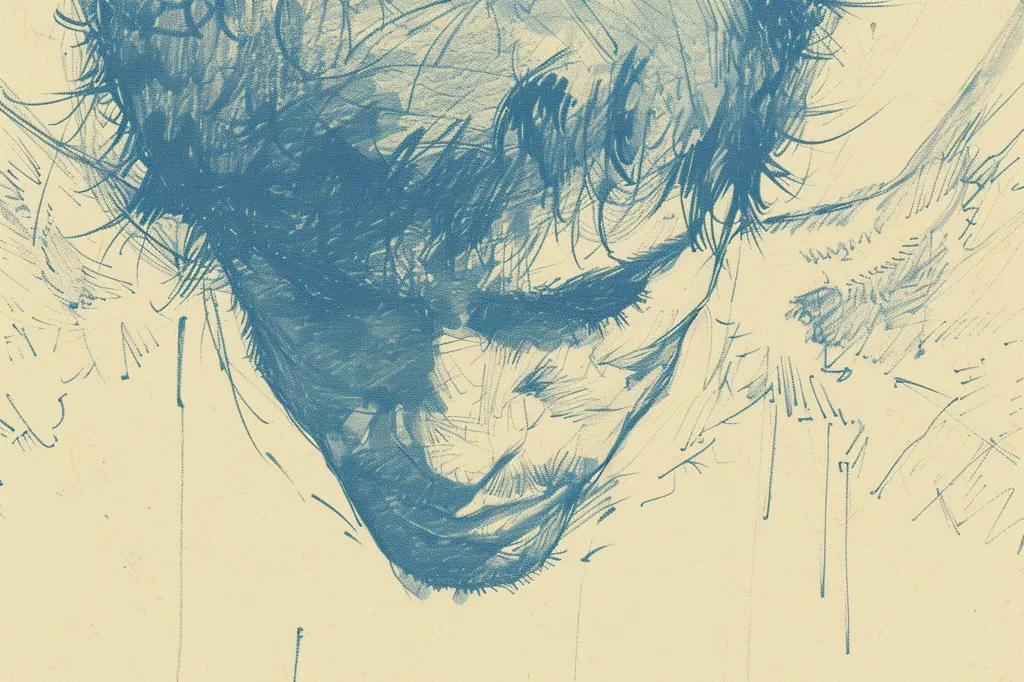 The image is a blue and white pencil sketch of a man's face. He appears to be looking down and his expression is one of sadness or contemplation. The drawing style is loose and expressive, with visible strokes and lines. The background is a pale yellow, providing a stark contrast to the blue of the drawing. The image evokes a sense of melancholy and introspection.