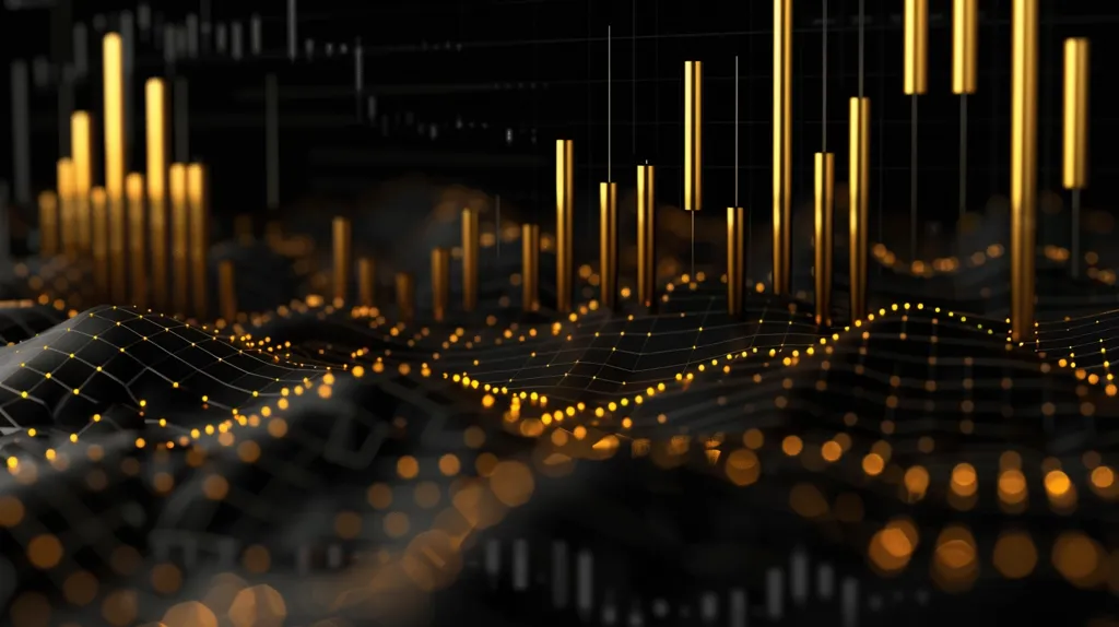 A dark, abstract background with a grid of glowing points forming a undulating landscape. Tall, thin, golden bars rise from the ground, some reaching above the frame. The image evokes a sense of data visualization and technology.  The gold bars, like financial charts, create a sense of movement and growth against the dark background. The overall effect is one of mystery, futuristic possibility, and the immense potential of data.