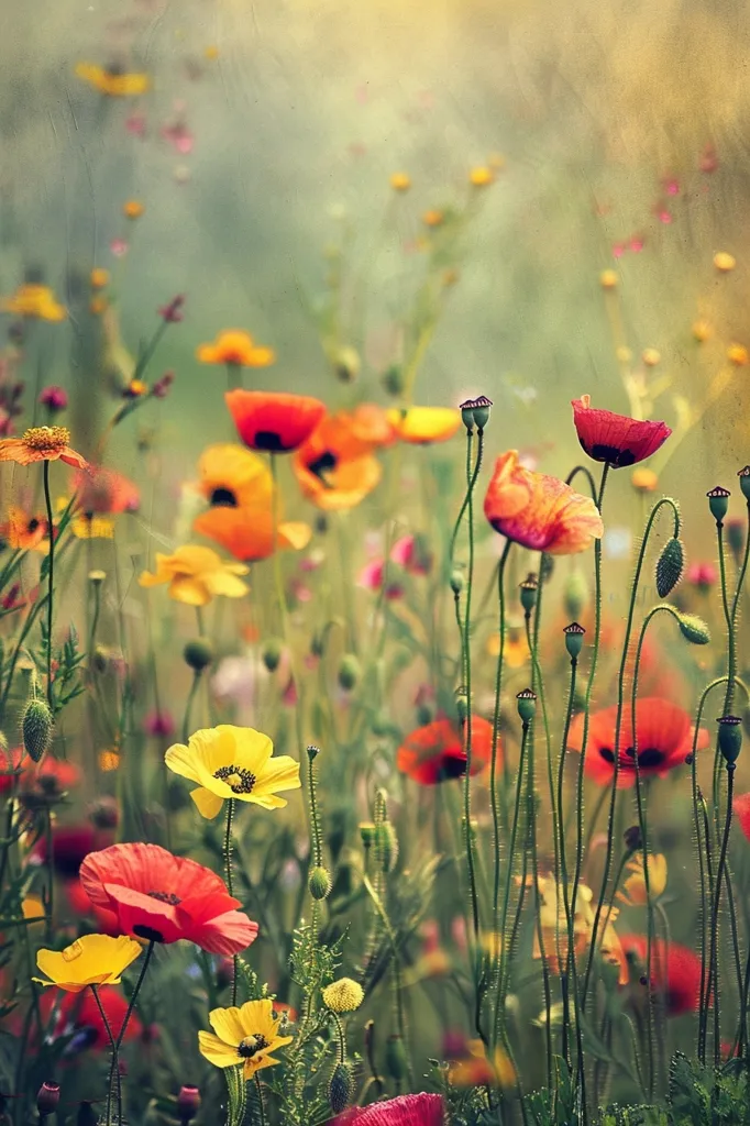 A field of wildflowers in various shades of red, yellow, and orange, bathed in a warm, hazy light. The poppies stand out with their vibrant colors, while the delicate yellow flowers add a touch of softness. The tall, slender stems sway gently in the breeze, creating a serene and picturesque scene. The background is blurred, creating a dreamy, ethereal effect.
