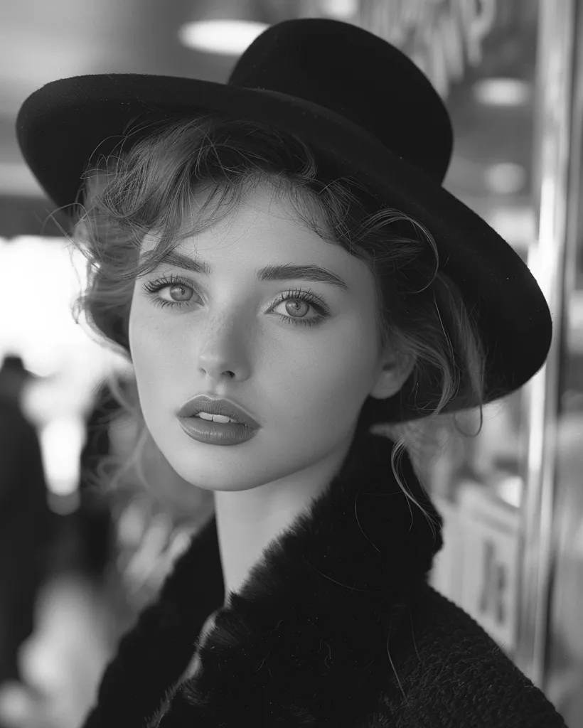 The black and white image features a woman with dark, curly hair wearing a wide-brimmed hat tilted over her forehead. Her eyes are large and expressive, and she has full lips painted a deep red. Her gaze is directed towards the viewer, creating a sense of intimacy and mystery. The woman's outfit, a fur-trimmed coat, adds a touch of vintage glamour. The background is blurred, drawing attention to her face.  The image evokes a sense of classic beauty and timeless allure.