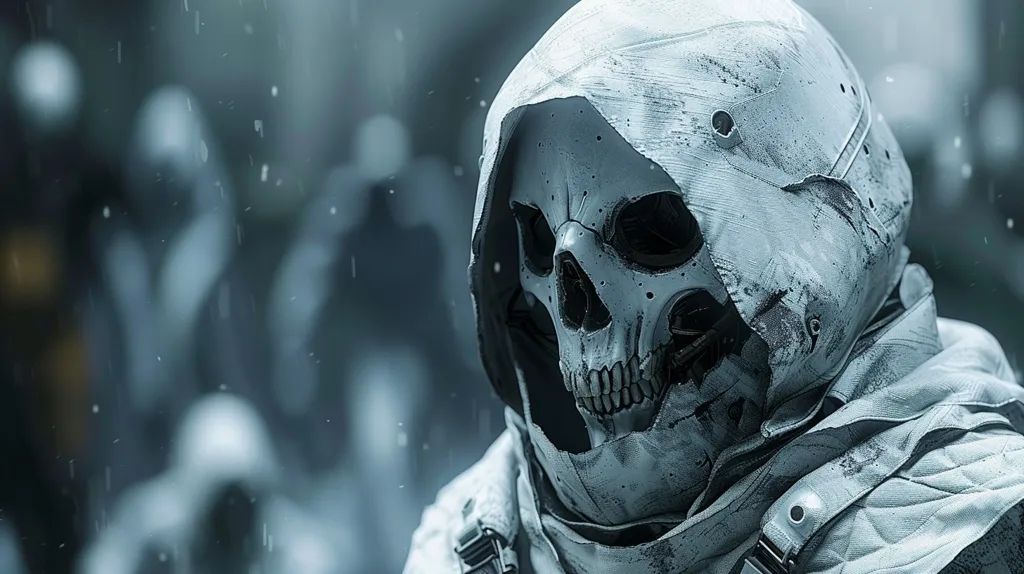 A close-up of a person wearing a white skull-shaped helmet with a hood pulled over their head. The helmet is weathered and has a distressed appearance. The background is a blurry, gray, snowy scene with small white dots representing falling snow. The image has a dark and ominous feel.
