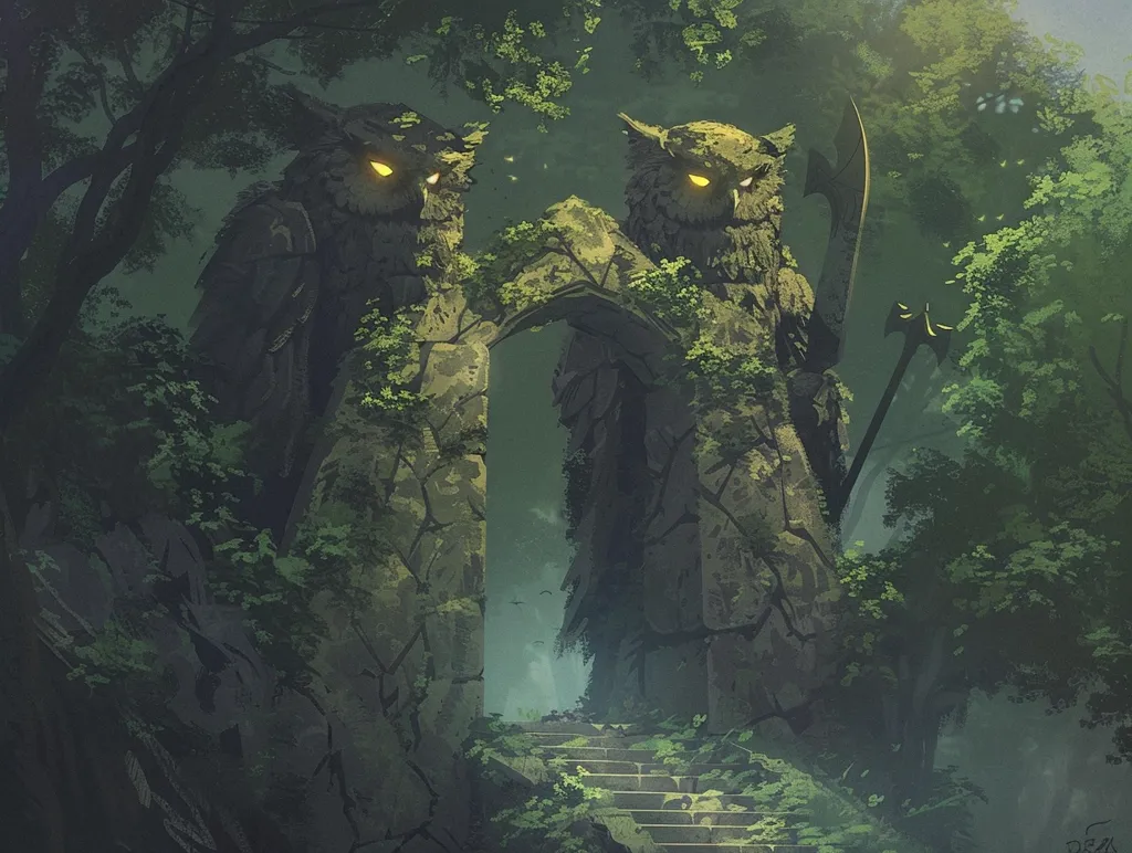 Two stone owl statues, with glowing yellow eyes, stand guard on either side of a moss-covered archway leading into a dense forest. The statues are weathered and overgrown with vines, and the forest is shrouded in mist. The scene evokes a sense of mystery and ancient magic.