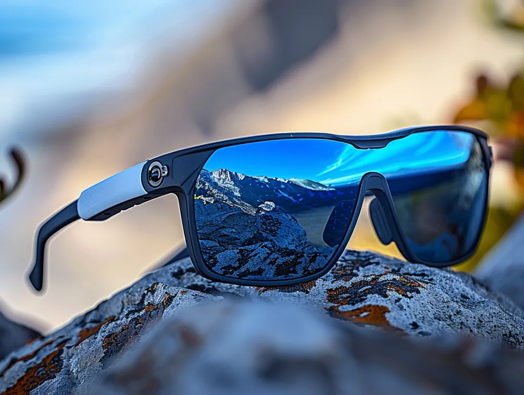A pair of black and silver sunglasses with blue mirrored lenses rest on a gray rock. The lenses reflect a mountain range and a clear blue sky. The sunglasses have a modern design with a thin silver frame and a thick black frame. The rock is rough and textured, with some orange lichen growing on it. The background is a blurry out-of-focus scene of a mountain range. The image is taken from a low angle, with the sunglasses in the foreground and the mountains in the background.