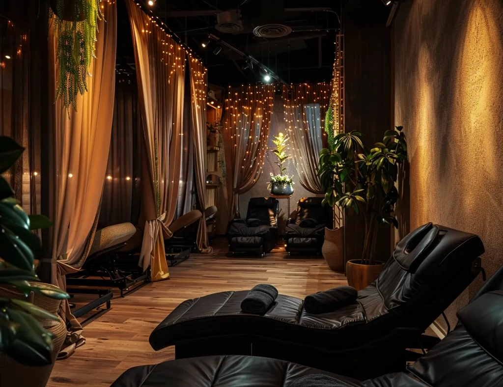 A dimly lit spa room with brown curtains draped around massage chairs. The room has a warm and inviting atmosphere with soft lighting and lush greenery. The chairs are covered in black leather, with plush headrests and footrests. The room is decorated with string lights, creating a cozy and relaxing ambiance.