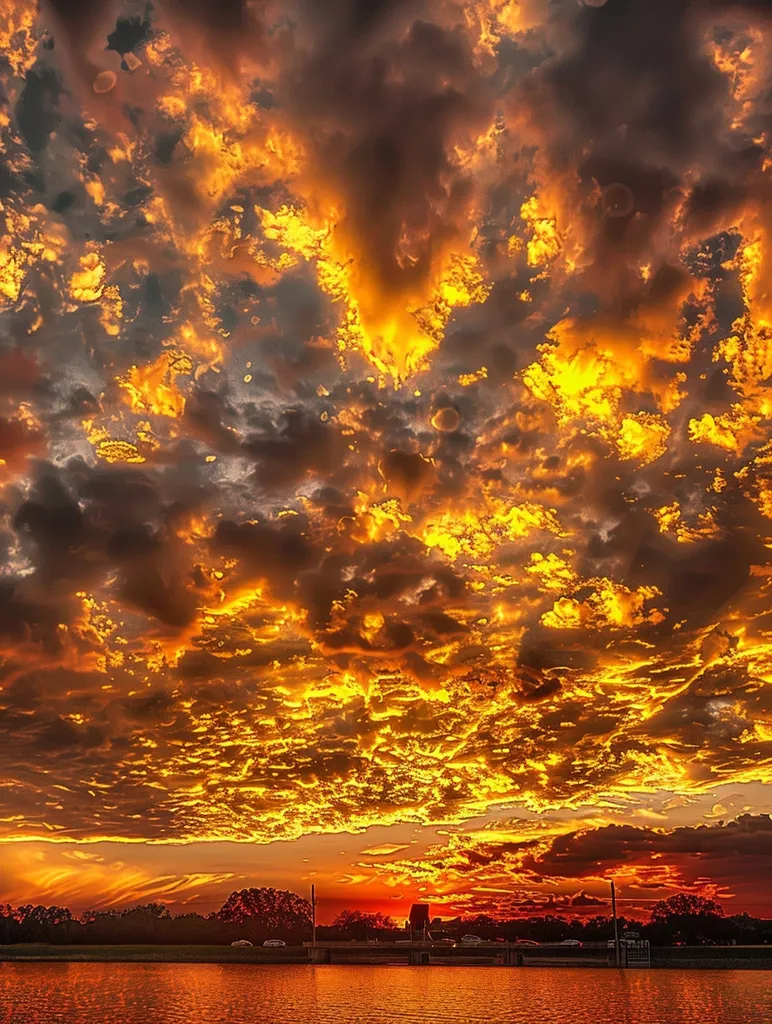 A dramatic sunset paints the sky with vibrant hues of orange and gold. Wispy clouds, illuminated from below, resemble flames dancing across the heavens.  The water below reflects the fiery colors, creating a serene and captivating scene. The silhouette of trees against the fiery sky adds depth and tranquility to the image.
