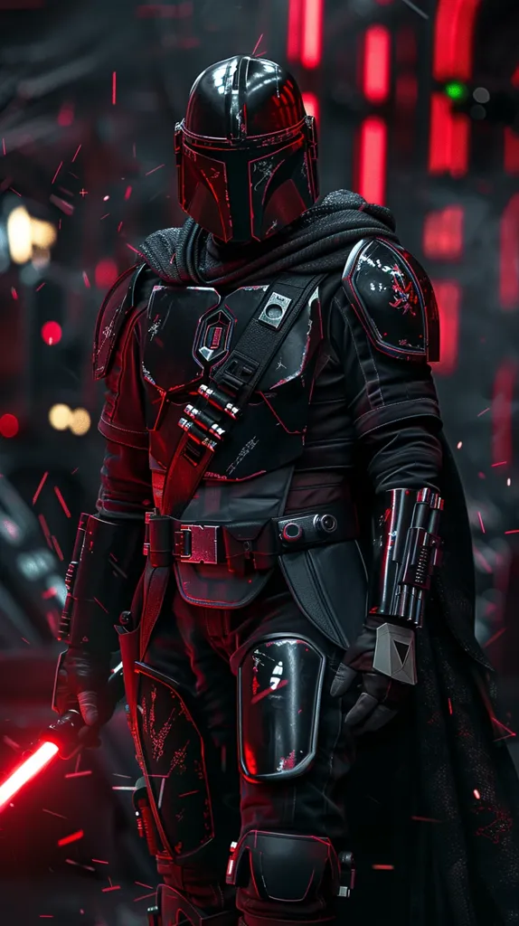 A Mandalorian warrior stands in a dark, futuristic setting. They are clad in black armor adorned with red accents, and their helmet hides their face. The warrior holds a red lightsaber, signifying their power and readiness for battle.  The background features glowing red lights and a sense of energy, creating a visually striking and dynamic scene.