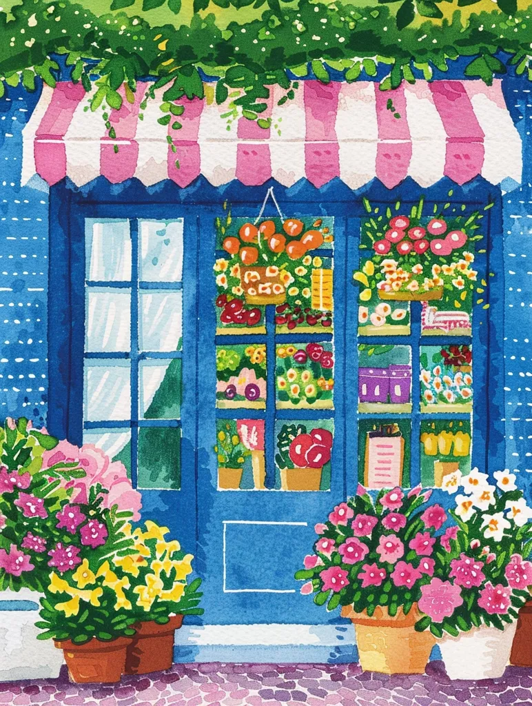 The image shows a storefront with a pink and white striped awning. The shop is blue with large windows filled with flowers and other goods. Green foliage hangs from the awning.  There are flower pots in front of the shop, filled with bright pink, yellow, and white blooms. The scene is vibrant and cheerful, evoking a sense of a charming, small-town shop.
