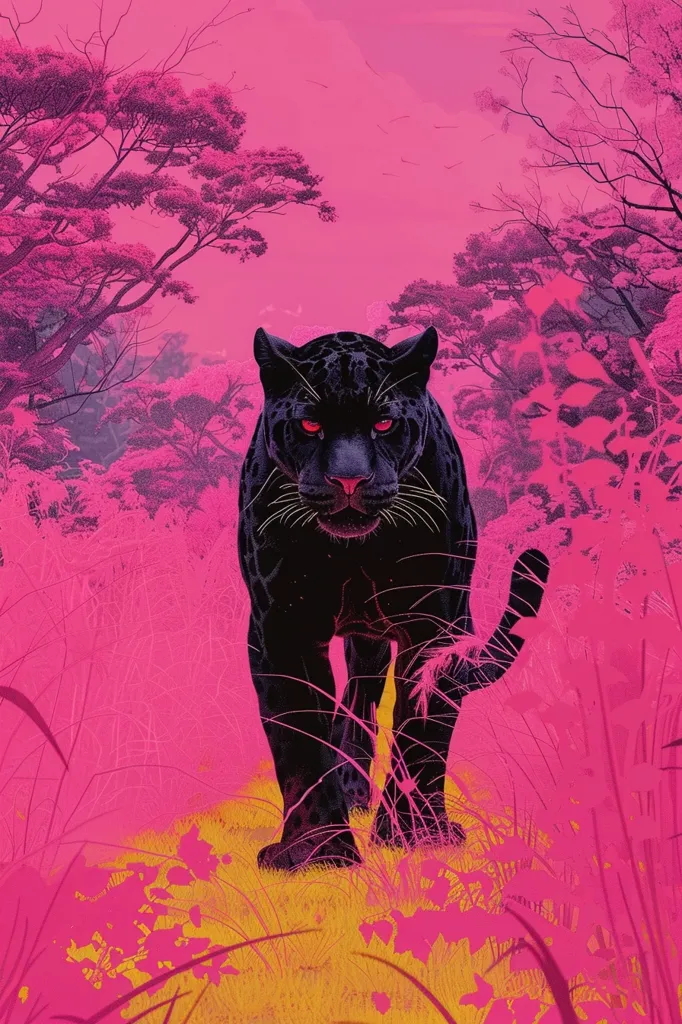 A black panther with glowing red eyes walks through a field of tall grass. The background is a vibrant pink with silhouettes of trees and leaves. The panther's fur is sleek and dark, contrasting with the bright colors of the environment. The image evokes a sense of mystery and danger, suggesting the panther is on a hunt.