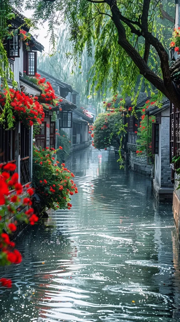 A tranquil canal winds through a picturesque village. Traditional Chinese buildings, adorned with lush greenery and vibrant red flowers, line the water's edge. Overhanging branches create a canopy of shade, while the surface of the canal reflects the surrounding beauty. The atmosphere is serene and peaceful, evoking a sense of tranquility and charm.