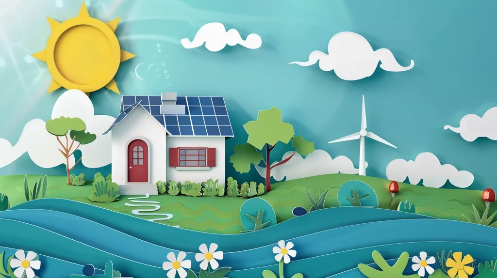 The image depicts a papercraft-style scene of a house with solar panels on the roof, a wind turbine in the background, and a bright yellow sun shining in the sky. The house is surrounded by lush green trees and grass, and the ground is made up of wavy blue lines. The image is a representation of a sustainable and eco-friendly lifestyle.