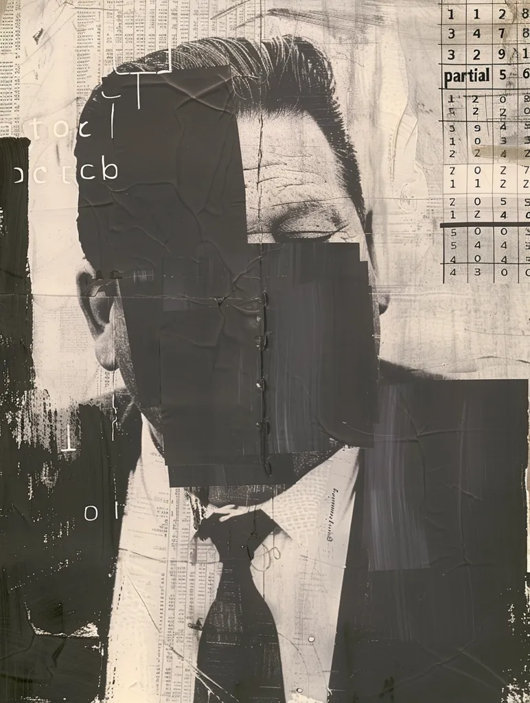 The image shows a black and white photo of a man, partially obscured by layers of paper and black paint. The man's face is mostly obscured, only showing his right eye and part of his forehead. His hair is neatly combed and his collar is visible. The man's left shoulder and neck are partially visible. On the right side, there's a chart with numbers and the word "partial."  The paper and paint create a distressed and layered effect. The image has a vintage and abstract feel.