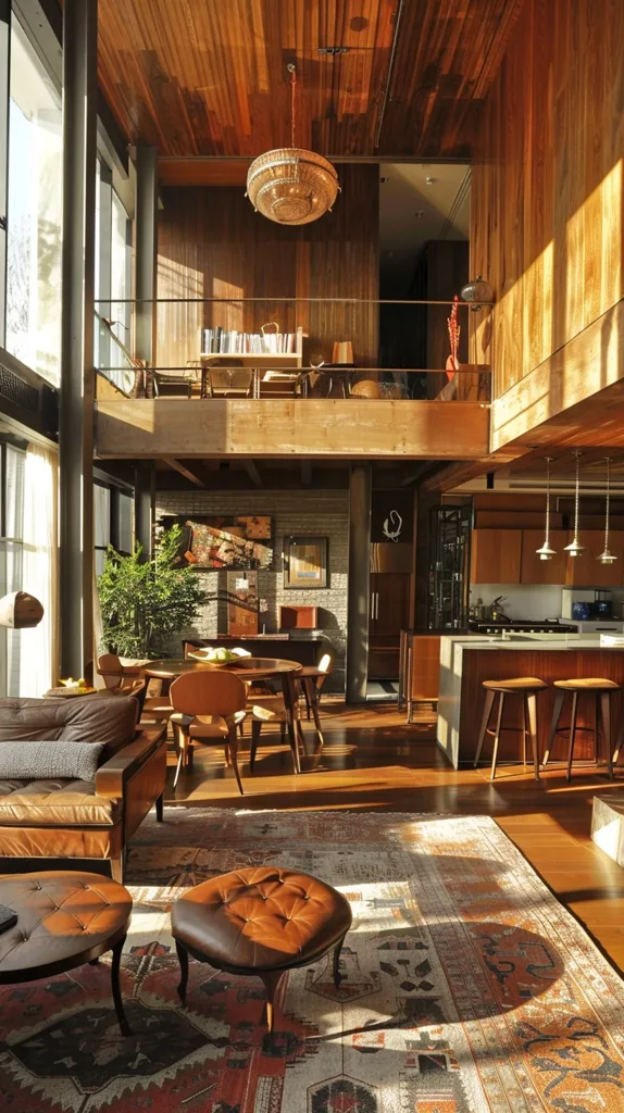 A spacious, open-plan living area with a loft above, featuring a large leather sofa,  two brown ottomans, and a patterned rug. The room is bathed in warm sunlight streaming through large windows, highlighting the wood-paneled ceiling and walls.  A chandelier hangs from the loft above, while a dining table sits in the background with wooden chairs.  The room has a contemporary yet cozy vibe.