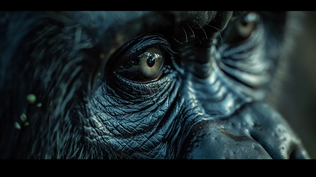 The image is a close-up shot of a gorilla's eye. The eye is dark and intense, with a deep blue hue. The surrounding fur is dark and textured, creating a sense of depth and mystery. The image is likely taken in a natural environment, as there are leaves and branches visible in the background. The gorilla's gaze is direct and intense, evoking a feeling of primal power and intelligence.