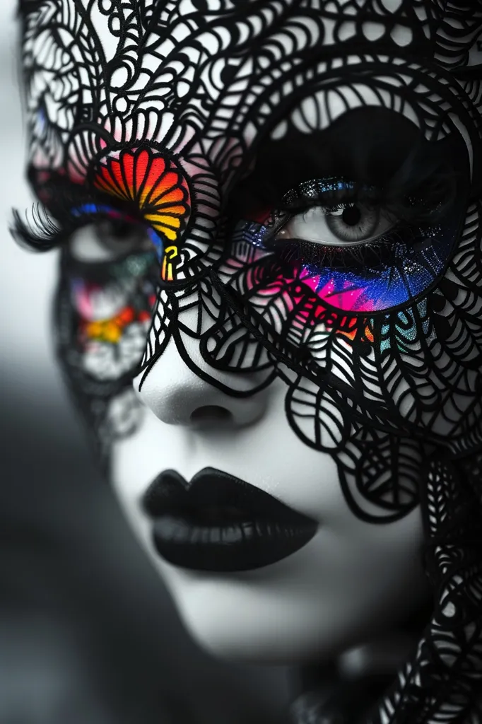 The image shows a close-up of a woman's face, partially obscured by a delicate black lace mask. Her eye is heavily made up with colorful eyeshadow and eyeliner, adding a dramatic touch.  The black lace mask creates a sense of mystery and intrigue, while the vibrant makeup highlights her features.  The black lipstick further enhances the dramatic effect.  The overall image is striking and captivating, leaving a lasting impression.