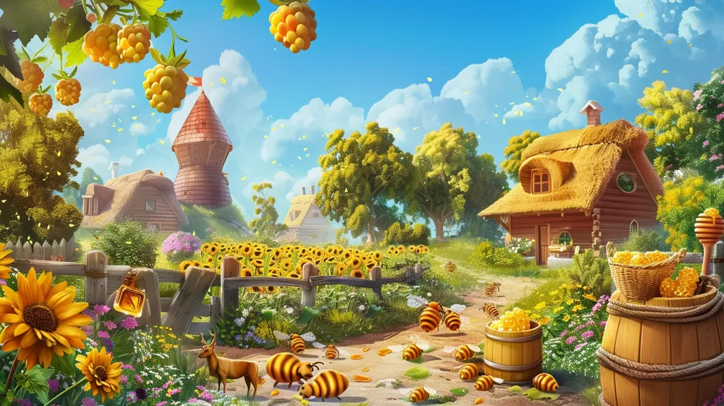 A charming countryside scene with a thatched-roof cottage, a sunflower field, and a wooden barrel filled with honeycombs. Bees buzz around the sunflowers and a deer grazes in the distance. The sky is a vibrant blue with fluffy clouds and a few yellow petals fall from the sky. It's a picture of rural peace and tranquility.