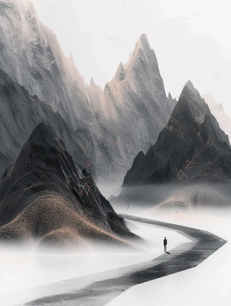 A solitary figure walks along a winding path through a misty mountain valley. The mountains are shrouded in fog, creating a sense of mystery and isolation. Geometric patterns are scattered throughout the image, adding a touch of abstract art to the scene. The overall mood is serene and contemplative.