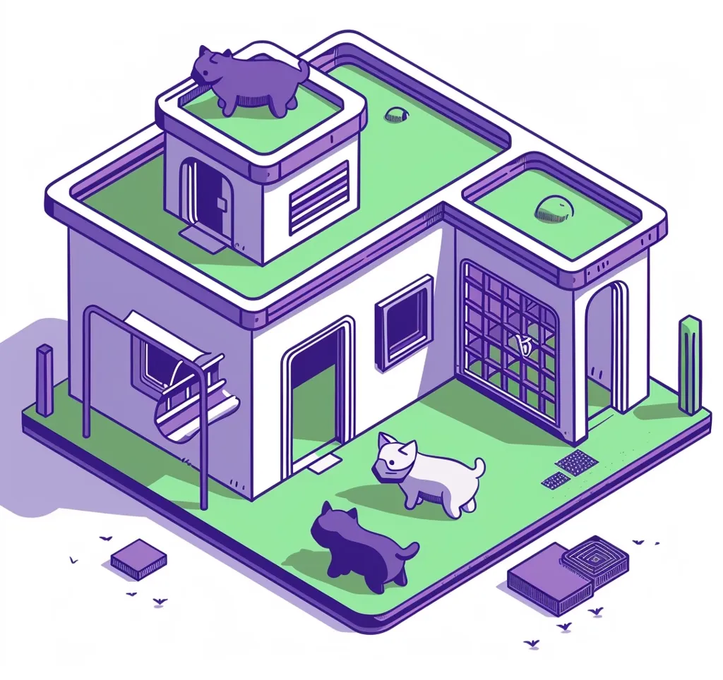 This isometric illustration depicts a white house with a green roof. The house has two doors, two windows, and a small tower. Two dogs, one white and one black, are standing outside the house, while another black dog is lying on the roof. The house is surrounded by a green lawn and small purple objects. The image is drawn in a cartoon style with bold outlines.