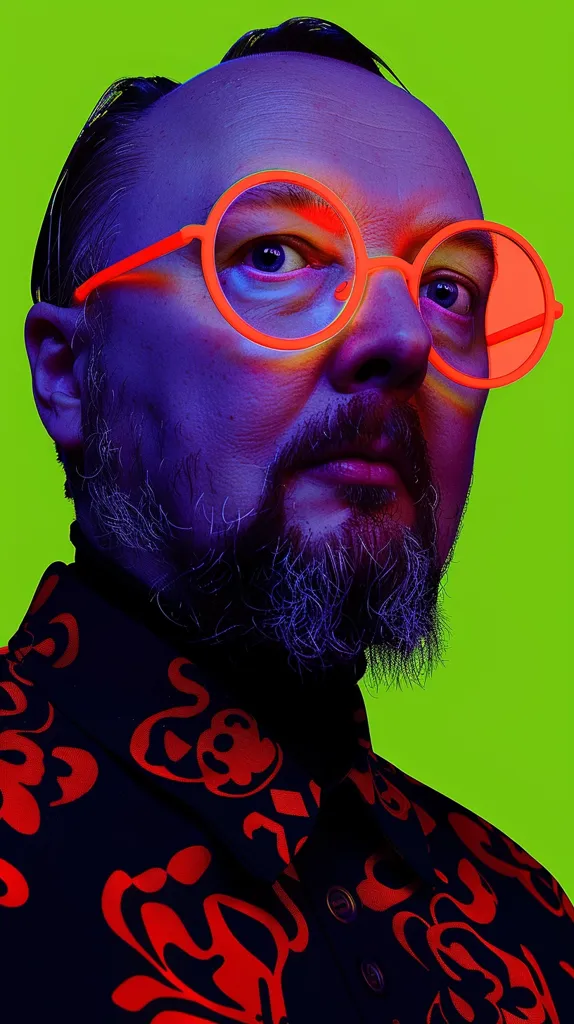 A man with a thick beard and a purple hue is wearing bright orange, round glasses with a black frame. He is wearing a black shirt with a red pattern. He looks directly at the camera with a serious expression. The background is a bright green. The man's face is the focus of the image.