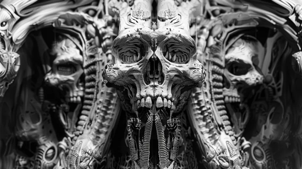A symmetrical, black and white image of an alien skull with intricate details, surrounded by a complex, organic-looking structure. The skull is centered and fills most of the image, with its open mouth and visible teeth creating a sense of unease. The surrounding structure appears to be made of numerous interconnected parts, resembling veins, tubes, and gears, suggesting a mechanical or biomechanical origin. The overall impression is one of otherworldly technology and a chillingly beautiful, yet unsettling, aesthetic.