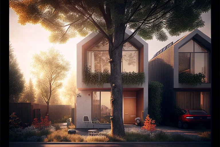 The image shows a modern house with a large tree in the front yard. The house has a white exterior and large windows. The tree has green leaves and a thick trunk. There are small bushes and flowers in the front yard. The house is situated on a paved driveway. A red car is parked in front of the house. The sun is shining brightly and casting a warm glow on the scene.  The house appears to be well-maintained and modern in design.  The setting gives the impression of a peaceful and comfortable neighborhood.