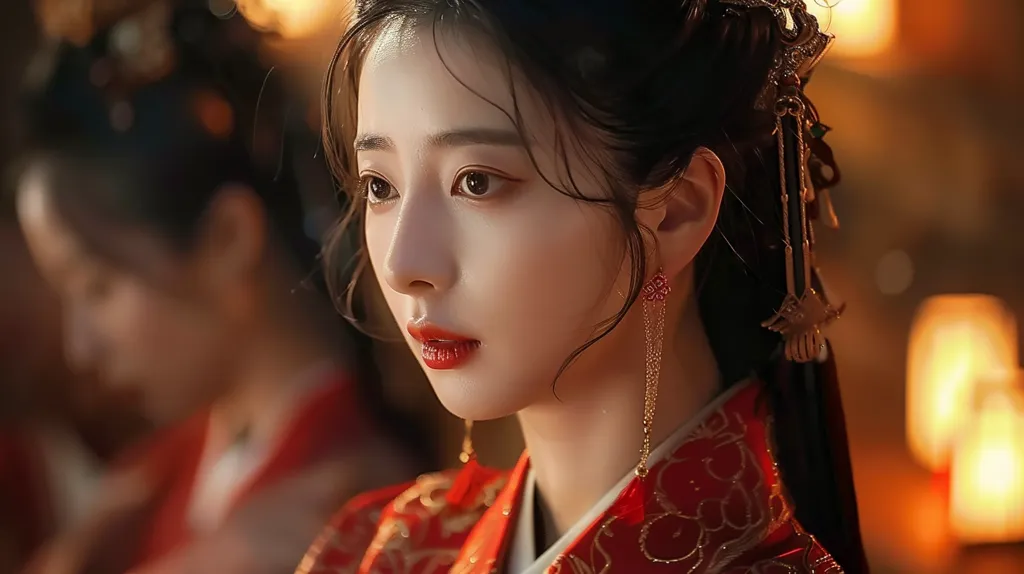 A young woman with long black hair and delicate features stares off to the side.  She is wearing a red and gold robe with intricate designs, and ornate golden jewelry.  A blurry figure can be seen behind her. The scene is lit by warm, golden light.  The woman's expression is unreadable, perhaps contemplative or sad.  The image conveys a sense of mystery and intrigue.