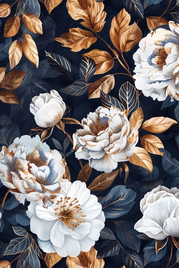 A rich, dark blue background is adorned with a captivating floral pattern. Delicate white and cream roses bloom gracefully amidst intricately detailed gold leaves. The elegant arrangement creates a sense of luxury and sophistication.