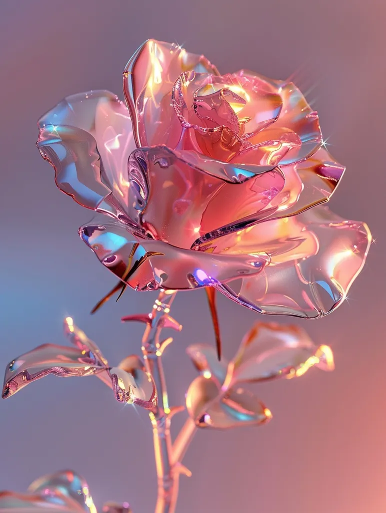 A single, delicate rose made of iridescent glass. The rose's petals are translucent, revealing a shimmering pink glow within. Its stem and leaves are also glass, reflecting light in a dazzling array of colors. The rose is set against a soft, pastel background, creating a dreamy and ethereal ambiance.  The image captures the beauty and fragility of nature, rendered in a unique and captivating way.