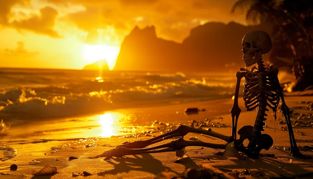 A skeletal figure sits on a beach, its bony limbs resting on the golden sand. The setting sun casts a warm glow over the scene, illuminating the waves gently lapping at the shore.  The skeleton's gaze is fixed on the horizon, as if contemplating the vastness of the ocean.  The image evokes a sense of quiet solitude and contemplation.