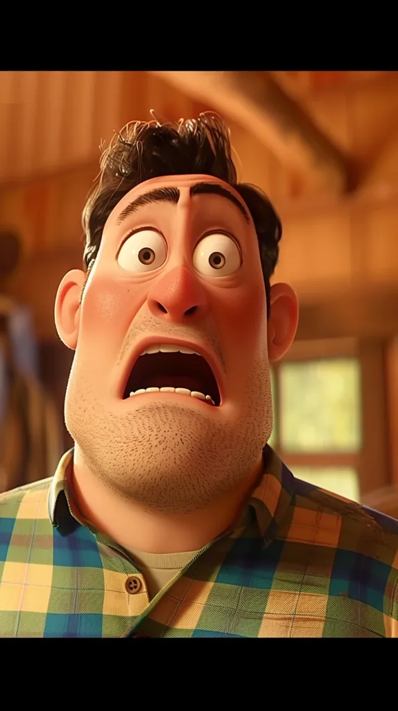 A cartoon man with dark hair and a plaid shirt stares up in fear with his mouth agape. His eyes are wide with terror and his eyebrows are furrowed. His face is pale and he looks like he is about to scream. He seems to be in a state of panic and fear. The background is blurred and suggests he is indoors.