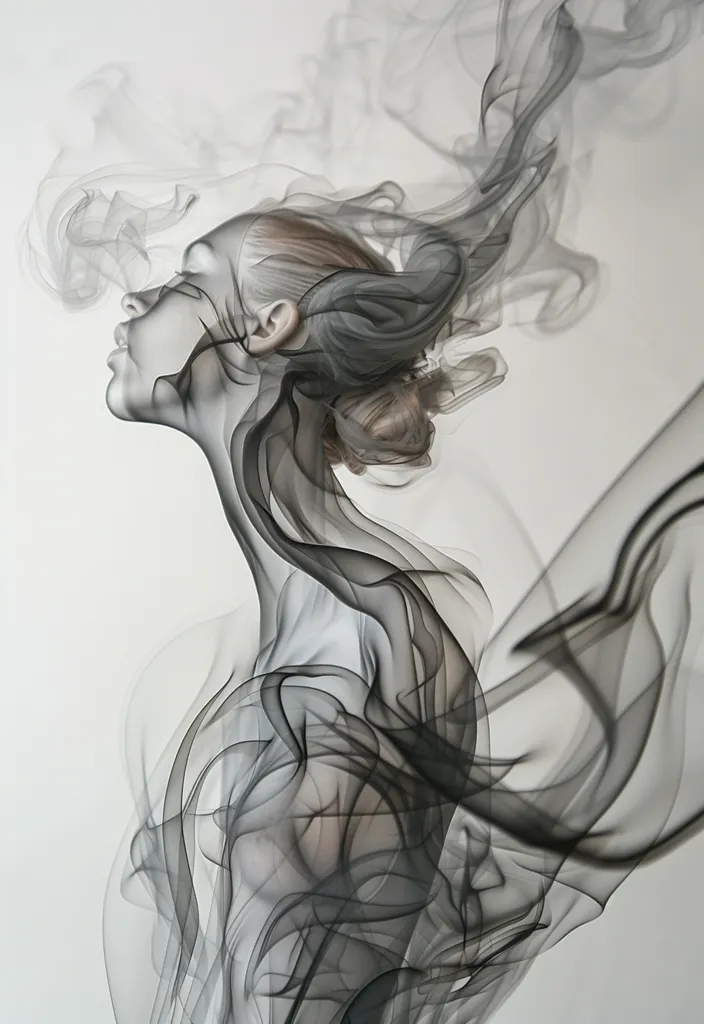 The image is a black and white drawing of a woman's face and torso, engulfed in wispy, abstract smoke.  The smoke swirls and flows around her, creating a sense of movement and mystery. The woman's eyes are closed, and her expression is serene. The contrast between the sharp lines of her face and the fluid lines of the smoke creates a sense of both strength and fragility. The image evokes a feeling of ethereal beauty and hidden depths.