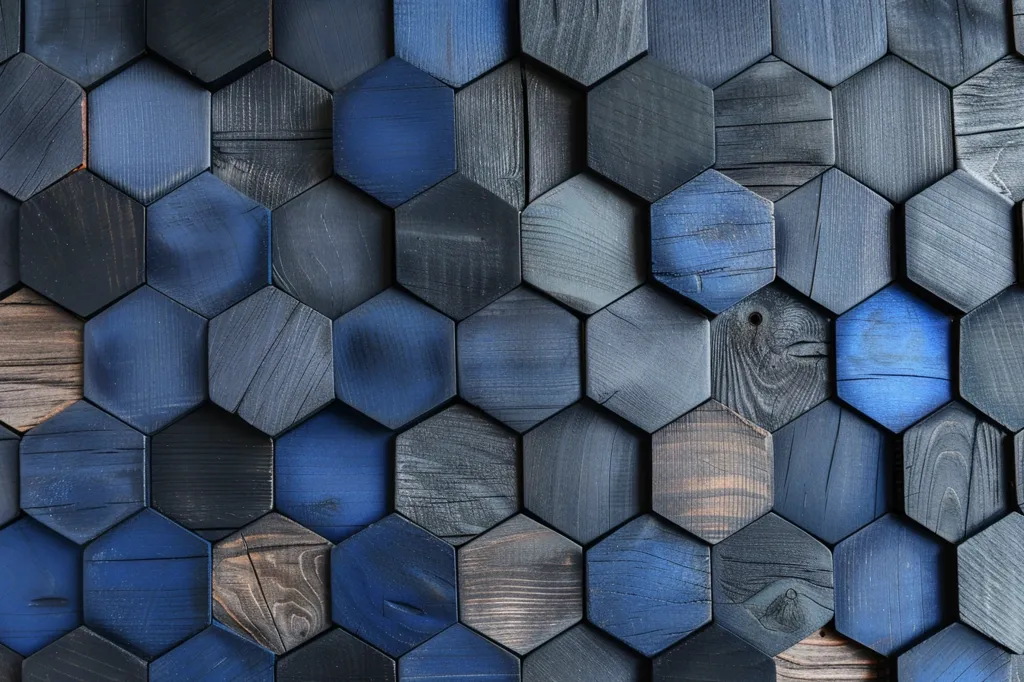 The image shows a wall made of hexagonal wooden tiles. The tiles are stained in shades of blue, black, and brown, creating a textured and geometric pattern. The arrangement of the tiles forms a honeycomb-like structure, adding depth and dimension to the surface. The varying shades of blue create a sense of depth and movement, while the black and brown hues provide a grounding element. The image is a close-up, focusing on the intricate details of the wood and the pattern of the tiles.