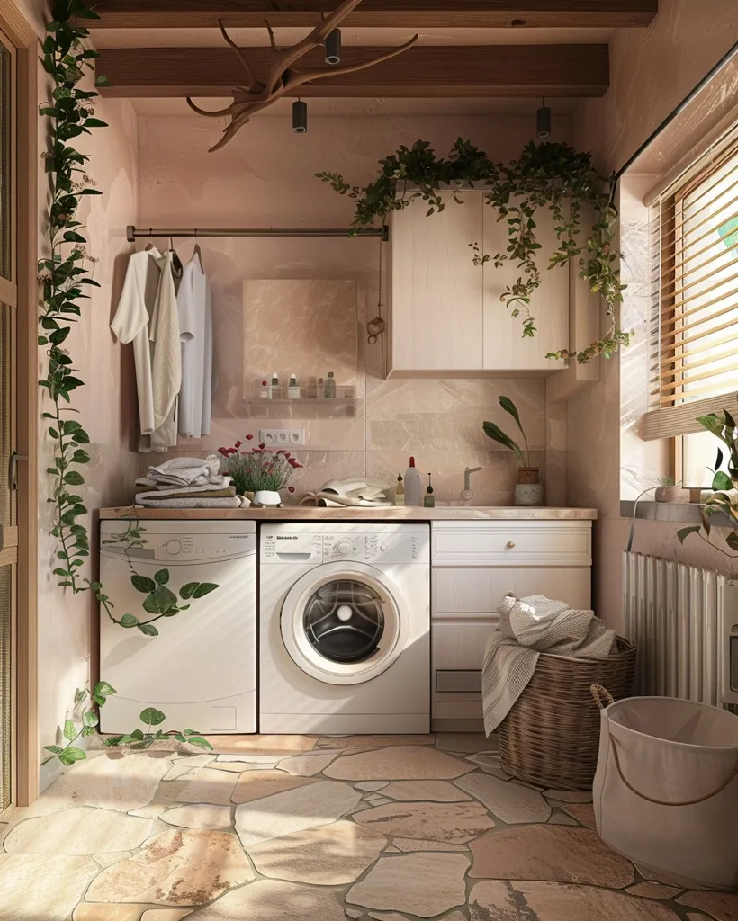 A laundry room with a rustic, natural aesthetic. The walls are a soft pink, and the floor is made of irregular stone tiles. There are two white washing machines, a wooden countertop with a sink, and a wooden cabinet above. Lush greenery and vines add a touch of nature, and sunlight streams in through a window. The room is tidy and inviting, showcasing a blend of practicality and charm.